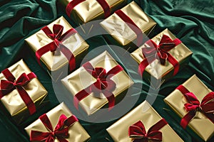 Golden Gift Boxes with Red Ribbons