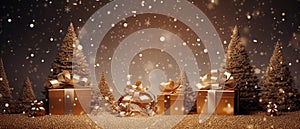 Golden gift boxes and trees on christmas background with snow. Christmas sale banner concept.