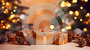 Golden gift wrapped Christmas presents and acorns set against the Bokeh lights of Christmas trees festive Christmas Generative AI
