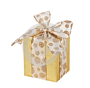 Golden gift wrapped present isolated