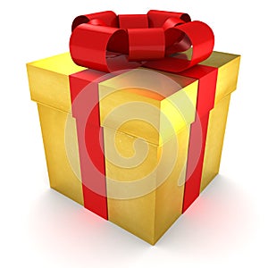 Golden gift wrapped present with red satin ribbon