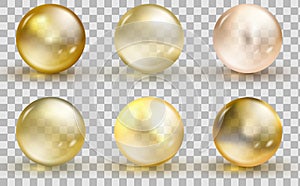 Golden glass ball template. Oil gold bubble isolated on transparent background.