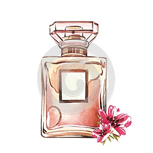 Golden glass perfume bottle with beauty pink flowers isolated on white. Watercolor handrawn illustration. Art for design
