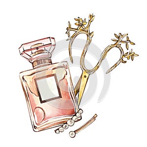 Golden glass perfume bottle with hairpin, scissors isolated on white. Watercolor hand drawn illustration. Art for design