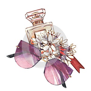 Golden glass perfume bottle, sunglasses, white flowers isolated on white. Watercolor hand drawn illustration. Art design