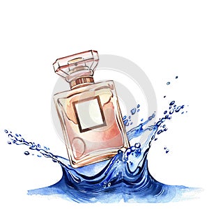 Golden glass perfume bottle with water splashing, drops isolated on white. Watercolor hand draw illustration. Art design