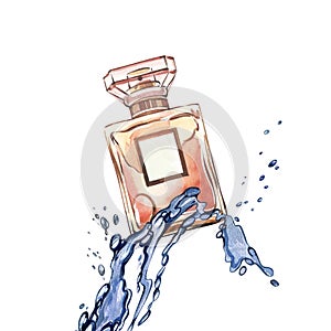 Golden glass perfume bottle with water splashing, drops isolated on white. Watercolor handrawn illustration. Art design