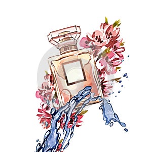 Golden glass perfume bottle with water splashing, flowers isolated on white. Watercolor handraw illustration. Art design