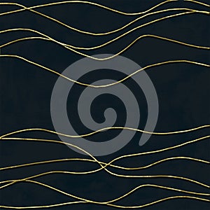 Golden glitter 3d lines frame background. Gold shiny glittering stripes on dark blue navy watercolor texture