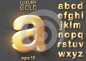 Golden glitter 3D lowercase english letters.