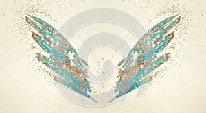 Golden glitter on abstract blue watercolor wings in vintage nostalgic colors.