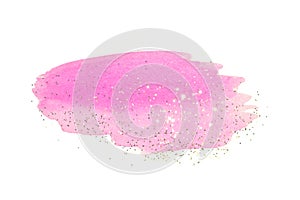 Golden glitter on abstract pink watercolor splash on white background