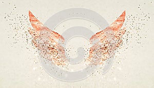 Golden glitter on abstract pink watercolor wings in vintage nostalgic colors