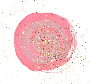 Golden glitter on abstract round pink watercolor splash on white background