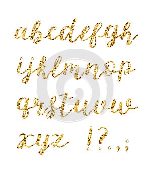 Golden glitter alphabet. Brush glowing vector font. Handdrawn calligraphy font.