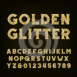 Golden glitter alphabet font. Retro style letters and numbers.
