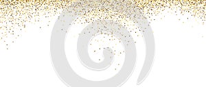 Golden glitter background. Falling small confetti texture. Sparkling gold dots wallpaper. Border frame design element