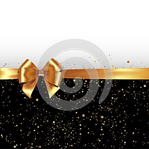 Golden glitter background with gold silk bow and ribbon