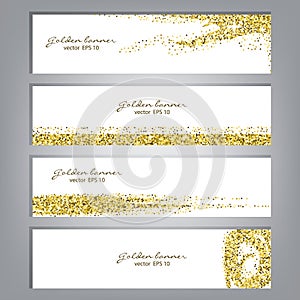 Golden glitter banner set. Tinsel shiny backdrops. Luxury gold template. Vector