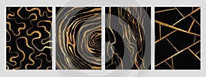 Golden glitter and black abstract marble stone, wood design, natural texture, waves, curls, geodes. Luxury ink, liquid