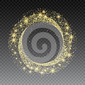 Golden glitter circle abstract background with sparkles, gold card design template