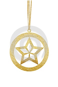 Golden Glitter Decorative Ball with Star for Christmas Tree isolated on White