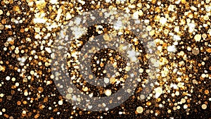 Golden glitter dust on black background. Sparkling splash illustration with gold powder. Bokeh glowing magic mist effect