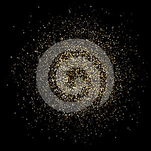 Golden glitter explosion. Bright dust splash. Gold glitter particles splatter. Sparkling firework on black background. Vector illu