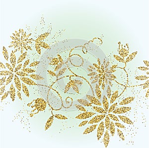 Golden glitter flower background. Tinsel shiny backdrop. Luxury gold template.