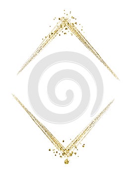 Golden glitter frame. Vertical rhomb shape. Gold foil illustrations isolated on white, have place for text inside