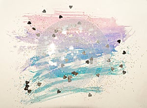 Golden glitter and glittering hearts on abstract watercolor splash in vintage nostalgic colors.