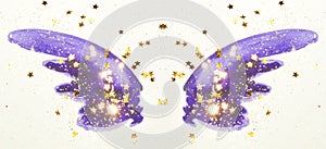 Golden glitter and glittering stars on abstract blue watercolor wings in vintage nostalgic colors