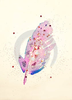Golden glitter and glittering stars on abstract pink watercolor feather in vintage nostalgic colors.