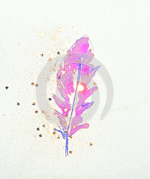 Golden glitter and glittering stars on abstract pink watercolor feather in vintage nostalgic colors.