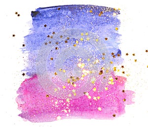 Golden glitter and glittering stars on abstract watercolor splash in vintage nostalgic colors