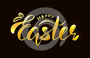 Golden glitter happy easter lettering desigh. Greeteng card. Shine vector gold on dark background. Easter calligraphy