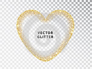 Golden glitter heart frame on transparent background. Gold sparkles isolated on white with space for text. Design for