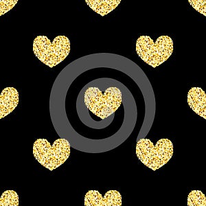 Golden glitter hearts, sparkles seamless pattern background