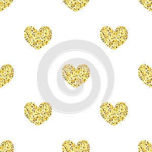 Golden glitter hearts, sparkles seamless pattern background