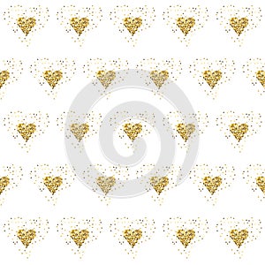 Golden glitter hearts on white. Tiled abstract background. Endless tinsel shiny backdrop. Valentine's Day gold pat