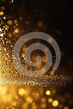 Golden glitter lights on isolated on dark background. Gold glitter dust defocused texture. Abstract sparkle particle
