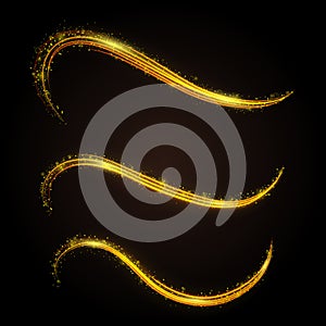Golden glitter magic line waves with gold particles isolated on gradient background. Abstract sparkle stardust