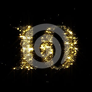 Golden glitter number 10, sparkling gold light and glowing gold particles shine font. Number ten of shimmering sequins and glow