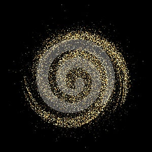 Golden glitter particles rotate in a circle on a black background. A sparkling, radiant swirl of glittering particles