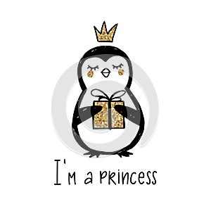 Golden glitter Penguin with crown, gift box and lettering - I`m a Princess isolated on white.
