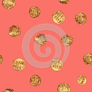 Golden glitter polka dots pattern on a living coral color background