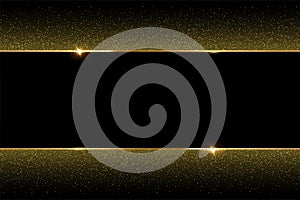 Golden glitter and shiny golden frame on black background. Vector horizontal luxury background.