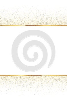 Golden glitter and shiny golden frame on white background. Vector vertical luxury background.