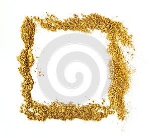 Golden glitter sparkle frame on white background.