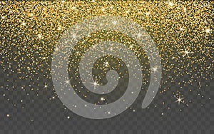 Golden glitter sparkle on a transparent background. Gold Vibrant background with twinkle lights. Vector illustration